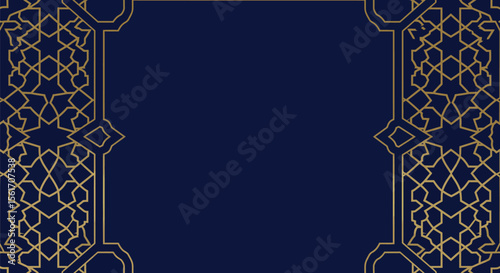 Elegant Islamic Geometric Pattern Border in Gold on a Deep Blue Background for Festive Occasions