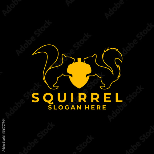 Line art two squirrel with nut in gold color logo design vector template