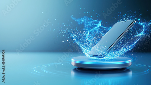 Sleek smartphone wirelessly charging on futuristic platform, surrounded by dynamic blue energy waves, creating sense of innovation and technology