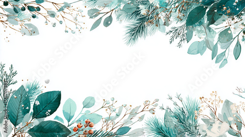 Elegant watercolor winter frame with pine, berries, and foliage on white background. Ideal for holiday cards, seasonal branding, invitations, and festive packaging
