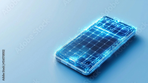 Futuristic solar battery charger with sleek transparent design, glowing with blue light, lies on smooth surface. innovative technology suggests advanced energy solutions