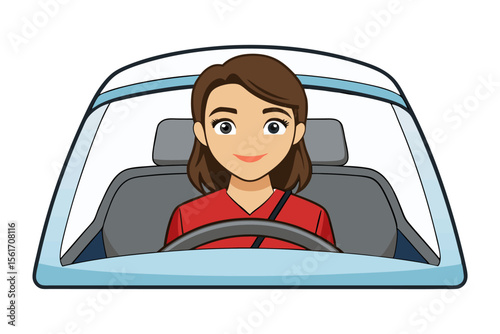 Driving Safety: A woman wearing a seat belt, embodies responsible driving, as seen from the driver's seat, focused on the road ahead. This illustrates safe transportation and conscious habit.