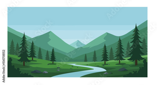 Serene Mountain Landscape with River and Pine Trees in a Flat Vector Illustration