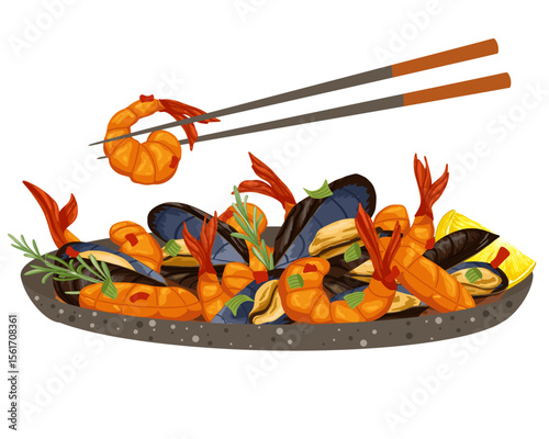 Chopsticks picking up shrimp from seafood platter with mussels and lemon. Vector hand drawn illustration in modern food style for Asian fusion cuisine, food blogs and delivery banners