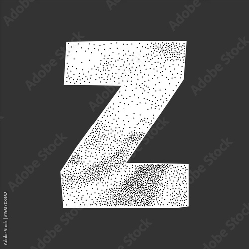 Letter Z in school style ransom collage. Wrinkled paper texture, gritty halftone stipple surface with retro vibe.