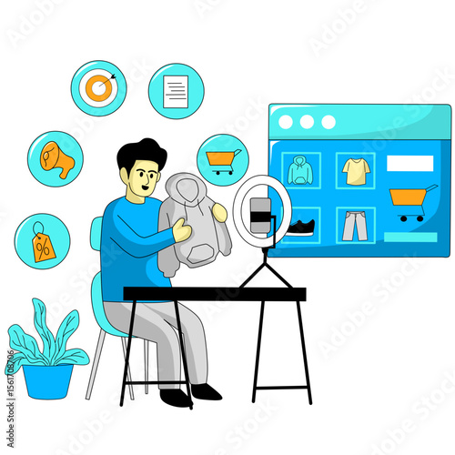 Live streaming host illustration, a man is promoting his online business
