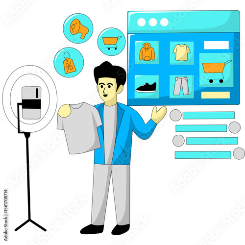 Live streaming host illustration, a man is promoting his online business