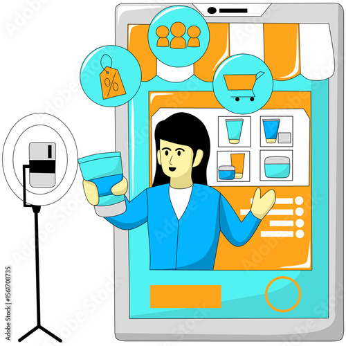 Live streaming host illustration, a woman is promoting his online business