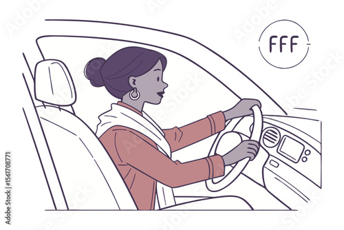 Driving Serenity: An illustrated woman navigates the open road, steering a car with focused attention. The scene highlights a moment of calm focus during journey