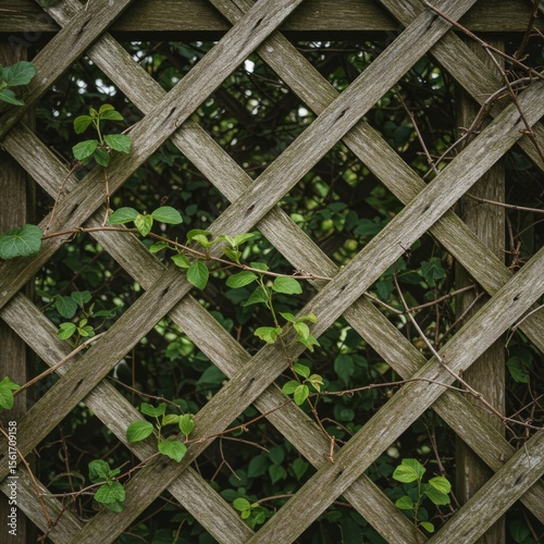 Green Vine Growing on Weathered Wooden Lattice Fence