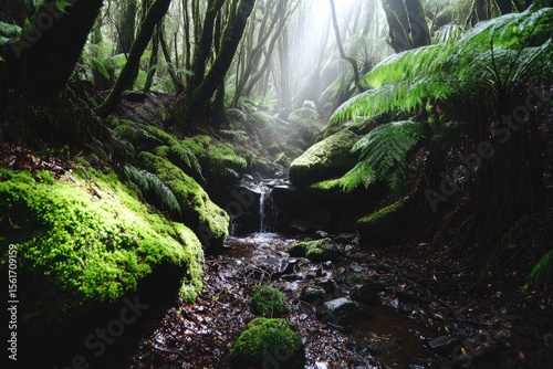 Misty forest creek with lush moss and ferns. Sunlight filters through canopy