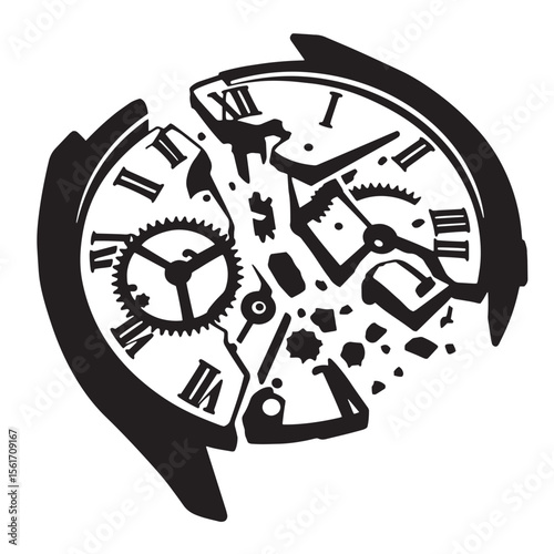 Vector illustration of a deconstructed vintage clock revealing mechanical gears and roman numerals