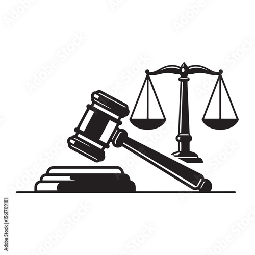 Vector illustration of a judge's gavel and scales of justice on a white background