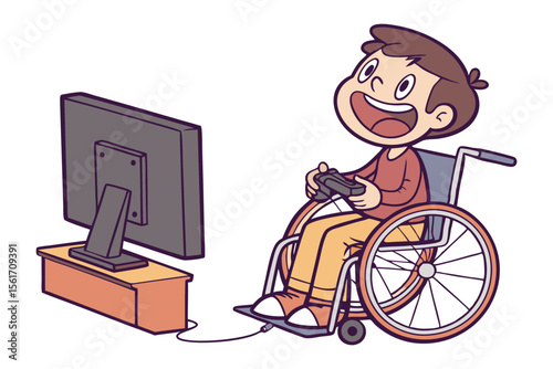 Digital Champion: An animated illustration of a young boy in a wheelchair, beaming with excitement as he engages with a video game, a powerful symbol of inclusivity and joy in the digital world.