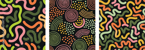 Collection of retro 80s, 90s colorful vector seamless patterns. Doodle fun kid backgrounds. Childish cute hand drawn design useful for fabric, textile, cover,