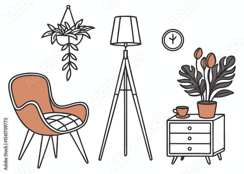 Minimalist interior design with furniture and plants in a cozy room setting vector illustration
