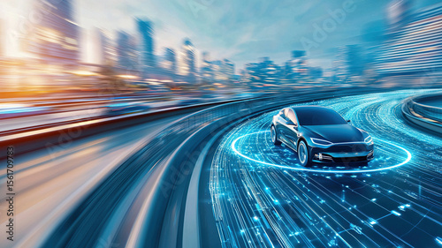 Sleek electric car drives on futuristic highway with digital elements, symbolizing advanced technology and innovation in urban transportation. cityscape in background enhances modern feel