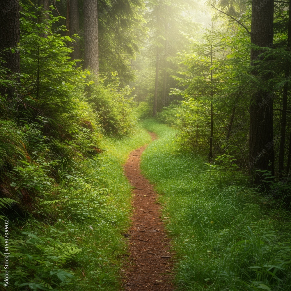 Obraz premium Sunlit Forest Path Winding Through Lush Green Woods