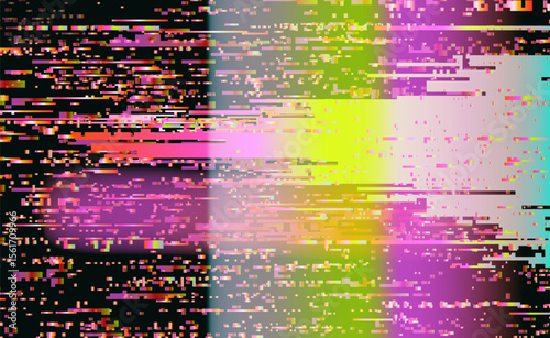 Neon glitch-art vector in abstract style. Dominated by pink, yellow, green, and cream, with horizontal pixel lines, gradients, and color blocks forming a chaotic, digital, and futuristic pattern.