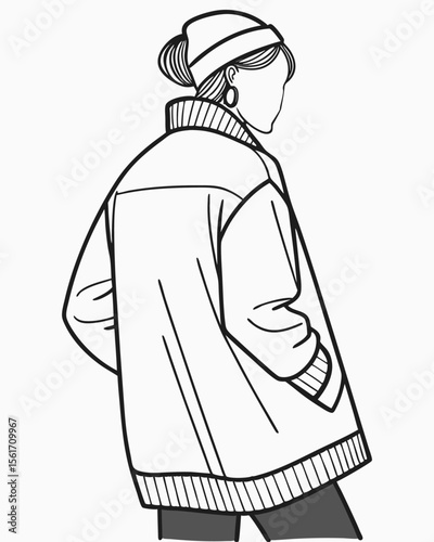 Fashionable woman in oversized jacket with beanie minimalist line art style vector illustration