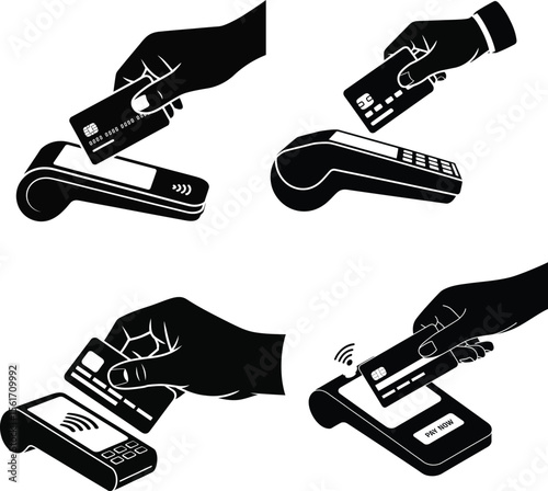 Hand Holding Credit Card for Payment Solid Black Silhouette Vector on White Background
