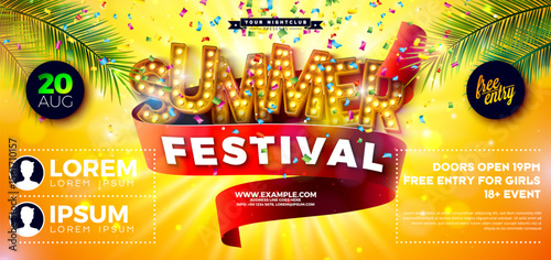 Summer Festival Party Flyer Design with Light Bulb Billboard Typography Lettering and Tropical Palm Leaves on Falling Confetti Background. Vector Summer Holiday Music and Dance Celebration