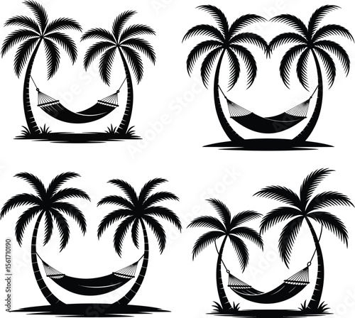 Palm Tree with Hammock Solid Black Silhouette Vector Illustration on White Background