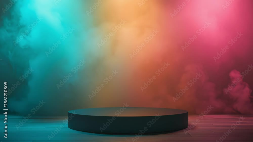 Elegant 3D circular black stage with blue, yellow, and red illuminated studio smoke, ideal for product marketing, event promotion, and high impact visual branding themes.