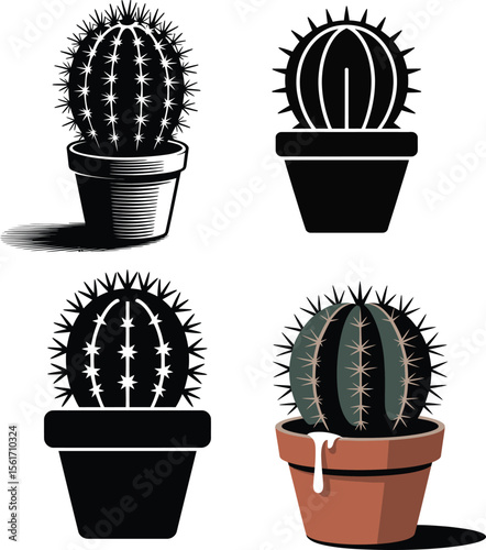 Cactus in Pot Solid Black Silhouette Vector Illustration on White Background