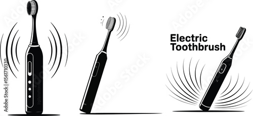 Electric Toothbrush with Vibration Lines Solid Black Silhouette Vector on White Background