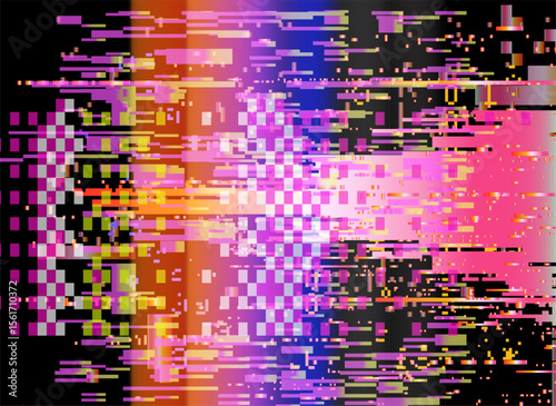 Bright glitch-art vector illustration, embracing digital abstract trend. Filled with hot pink, yellow, purple, and blue pixel blocks and rectangles, it bursts with erratic, energetic visual noise.