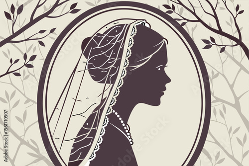 Girl with Floral Wreath in Silhouette Vector Style