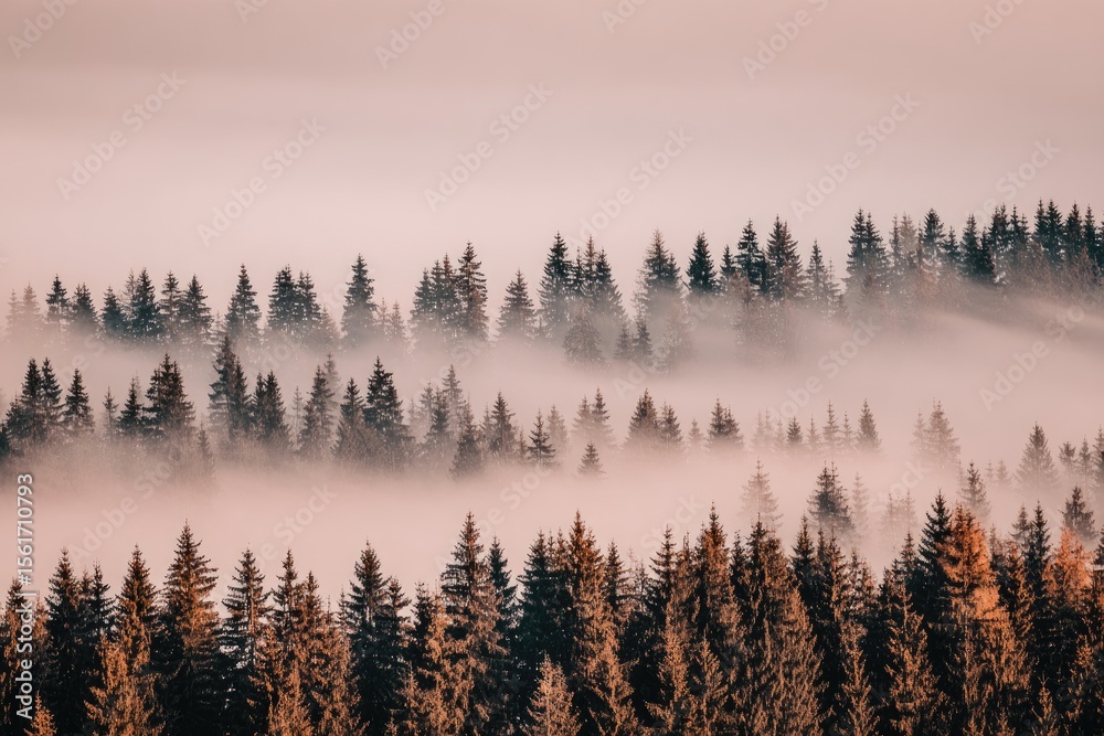 Obraz premium Misty mountain forest at dawn