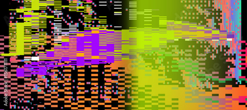 Neon glitch-art vector in abstract style. Dominated by pink, yellow, green, and cream, with horizontal pixel lines, gradients, and color blocks forming a chaotic, digital, and futuristic pattern.