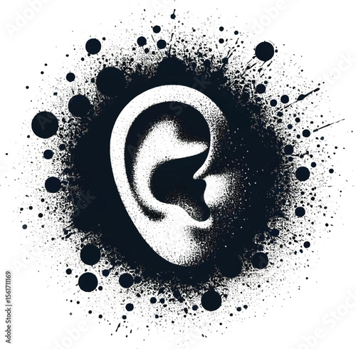  Illustration showing a detailed ear over a background with bold black ink splatter patterns, representing auditory concepts, creativity, and artistic expression