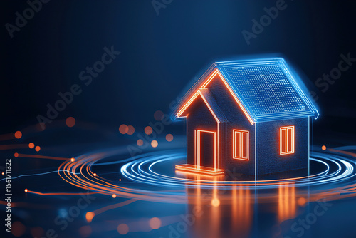 Digital representation of smart home with glowing lines and circuits symbolizes advanced technology and connectivity. futuristic design highlights innovation in home automation
