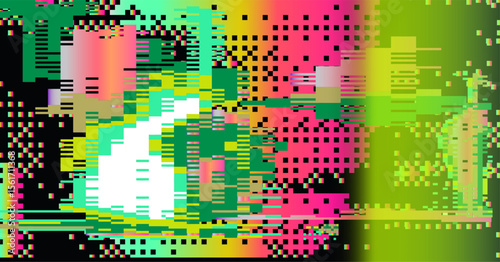 Neon glitch-art vector in abstract style. Dominated by pink, yellow, green, and cream, with horizontal pixel lines, gradients, and color blocks forming a chaotic, digital, and futuristic pattern.