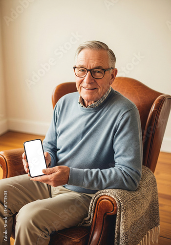 Happy Senior Man Holding a Smartphone with a Blank Screen for an Accessibility or Healthcare App Mockup