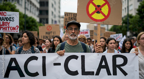 Man holding a banner at a protest rally with concerned expression  