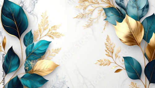 Elegant golden and teal leaf arrangement nature inspired graphic design minimalist style studio setting aesthetic composition