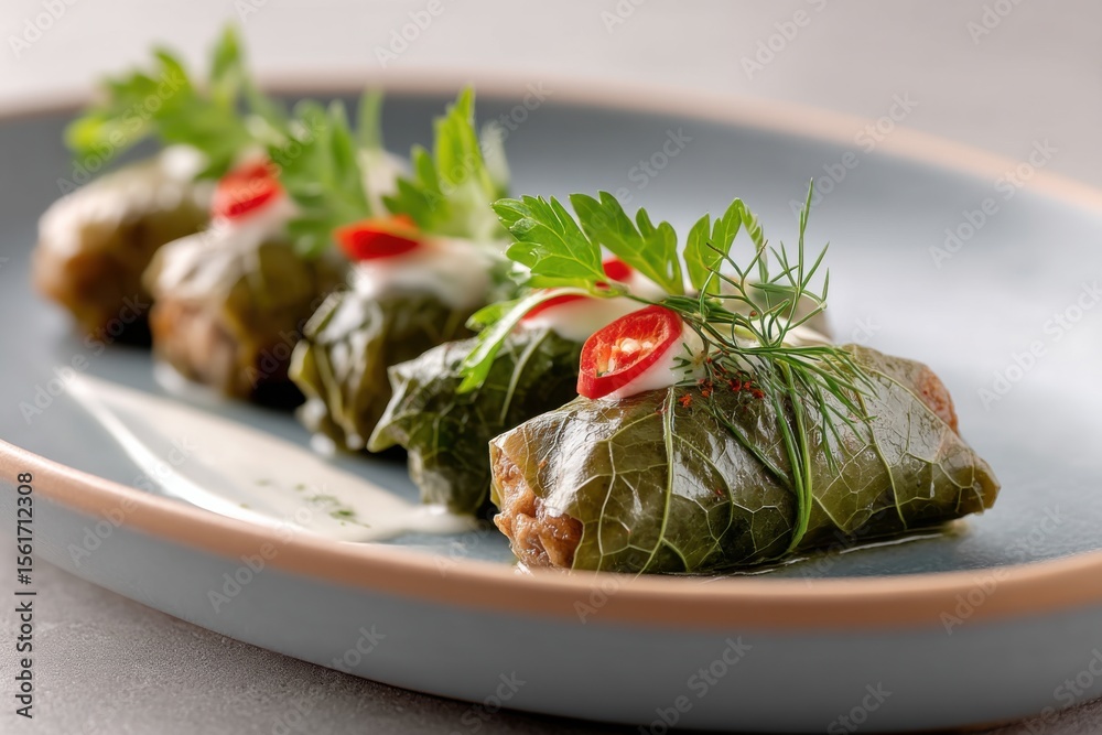 Exquisite presentation of dolma with stuffed grape leaves and fresh herbs on a decorative serving dish Exquisite presentation of dolma with stuffed grape leaves and fresh herbs on a decorative serving dish