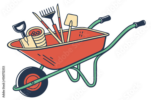 Red garden wheelbarrow with tools isolated on white