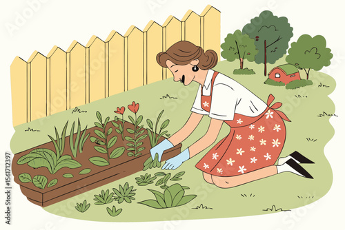 Cartoon illustration of a child in a summer garden, happily watering plants and gathering vegetables
