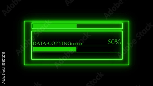 Futuristic Data-Copying Screen Animation with Neon Progress Bar and Digital Interface