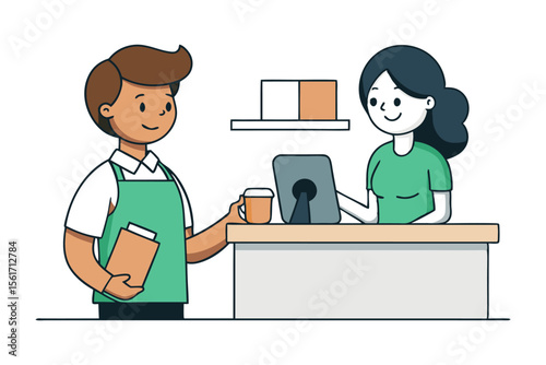 Customer Service Interaction: A friendly barista, stands ready to assist, offering coffee and attentively engaging with customer, in a simple, inviting and professional. 