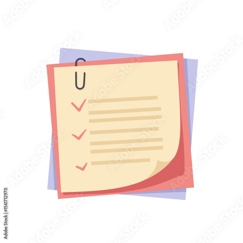 Paper note with clip set in flat style. Note paper pieces vector illustration on white background. Sheets of note papers sign business concept. 
