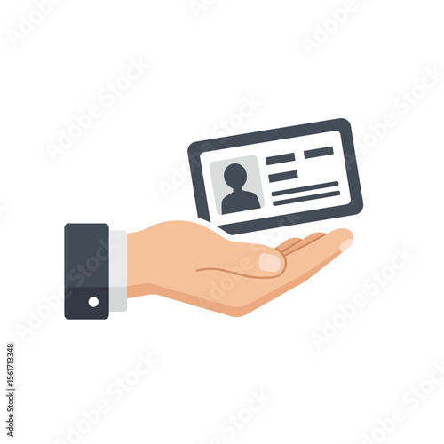 Hand holding driver license icon in flat style. Identification document vector illustration