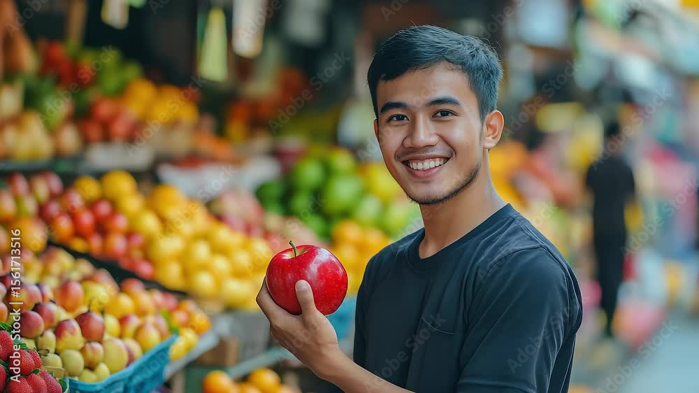 Young Man Choosing Healthy Apple at Fruit Market