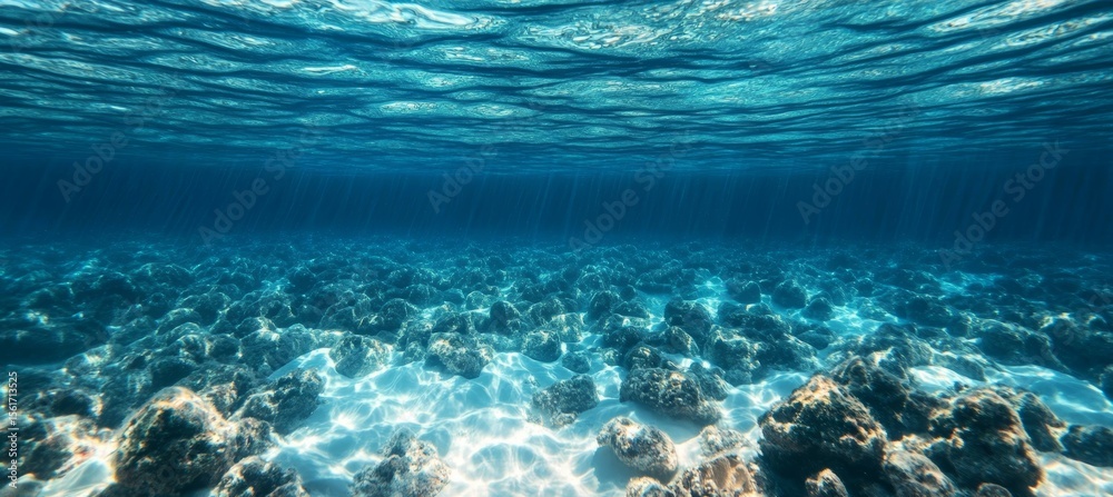 Fototapeta premium Serene Underwater Scene with Sunlight Filtering through Clear Waters and Colorful Marine Life Below