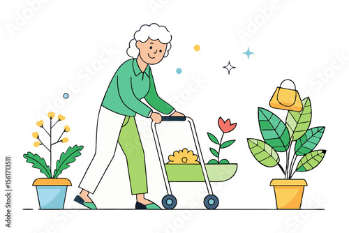 Golden Years Garden: A smiling elderly woman, gracefully tending to her vibrant garden. Her supportive walking frame assists her as she nurtures the blooming flora around her.